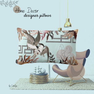 Florals, Birds, Dusty Blue Lumbar Cushion