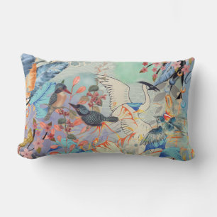 Florals, Birds with Slate Blue on Back  Lumbar Cushion