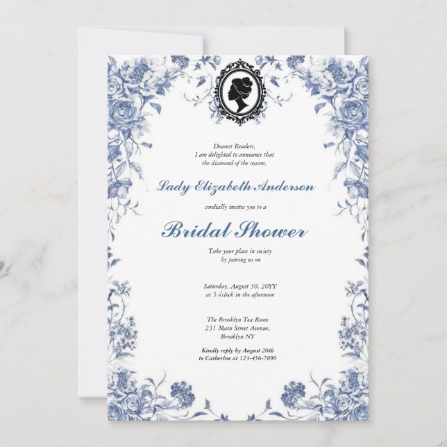 Florals blue budget blue and white invitation (Front)