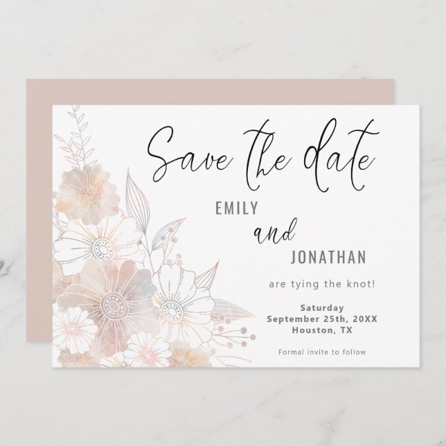 Florals Blush Peach Grey Wedding Save The Date (Front/Back)
