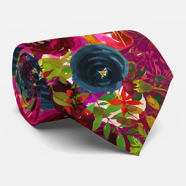 Florals Burgundy Blush Navy Watercolor Wedding Tie (Rolled)