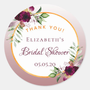 Florals burgundy cinnamon rose bridal shower classic round sticker