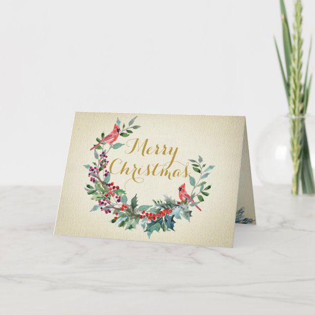 Florals Cardinals Gold Elegant Foliage Watercolor Holiday Card (Front)