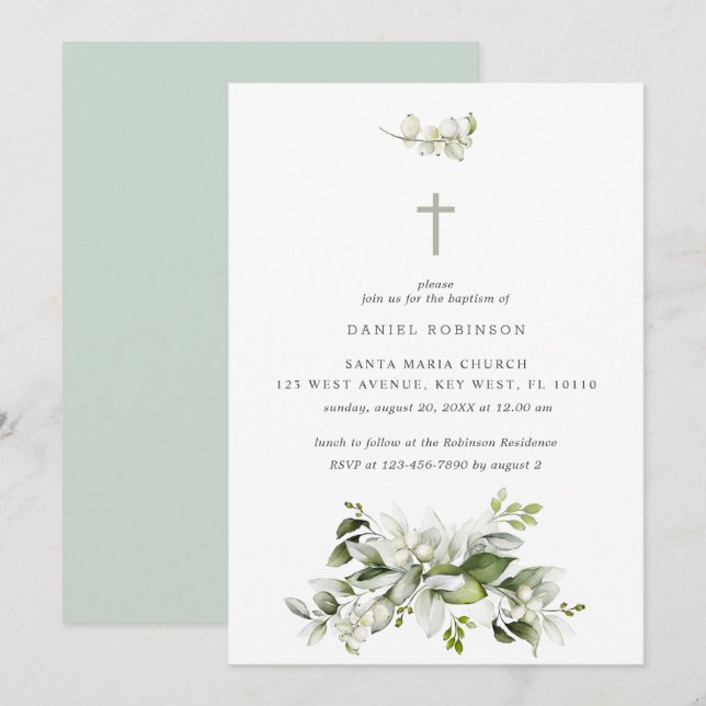  Florals Elegant Greenery Baptism Invitation (Front/Back)