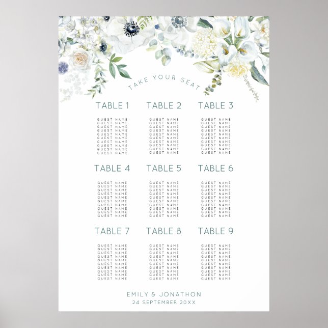 Florals Eucalyptus 9 Tables 90 Guest Seating Chart (Front)