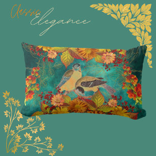 Florals Fall Shades with Birds backed in Rich Teal Lumbar Cushion