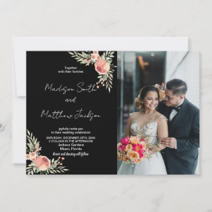 Florals on Black Theme Wedding Invitations w Photo