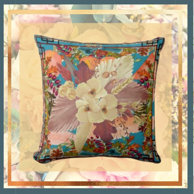 Florals Orange Teal, Cream with Frame Throw Pillow (Creator Uploaded)