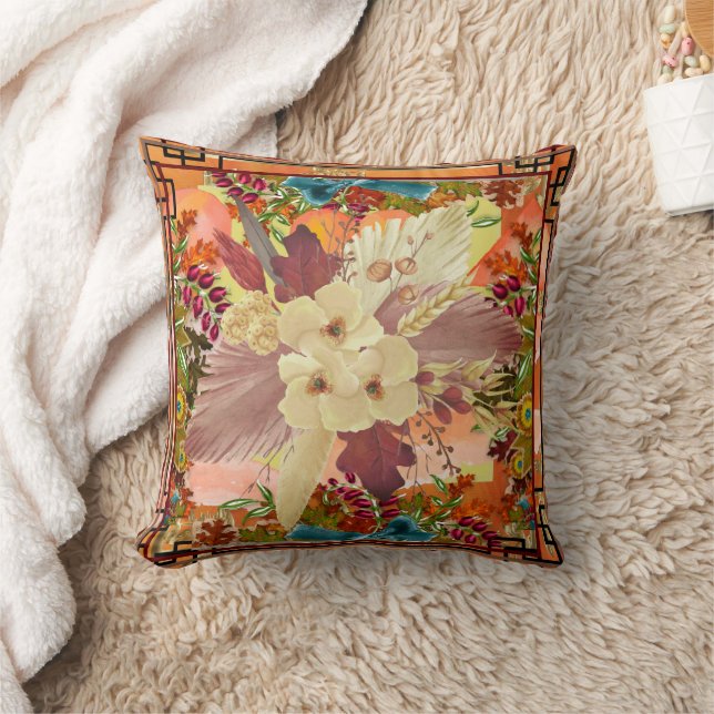 Florals Orange Teal, Yellow with Frame Cushion (Blanket)