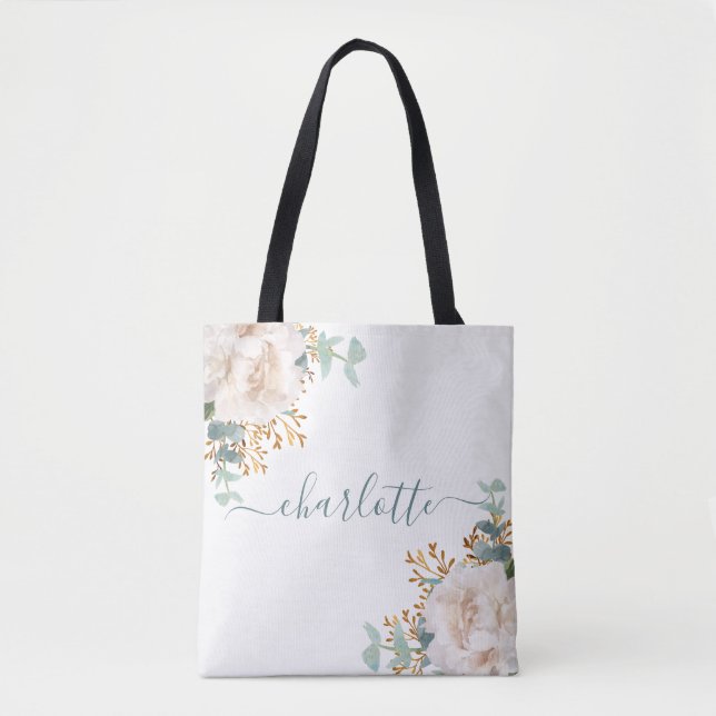 Florals peony eucalyptus monogram bridesmaid tote bag (Front)