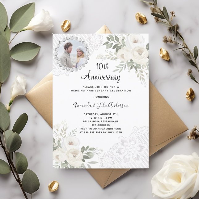 Florals photo 10th wedding anniversary invitation (Creator Uploaded)