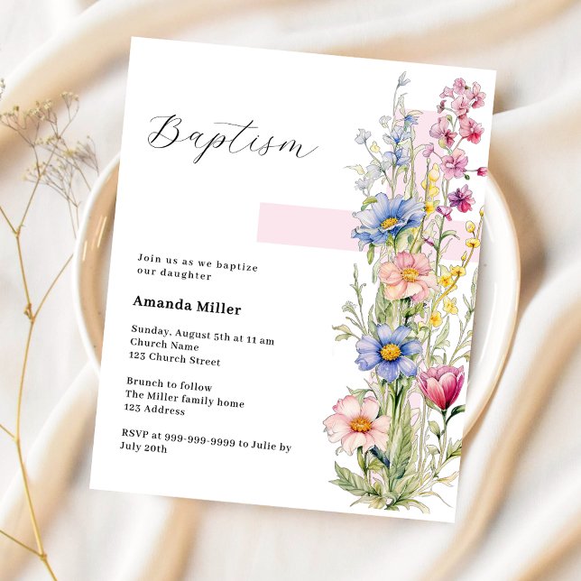 Florals pink cross girl Baptism invitation (Creator Uploaded)