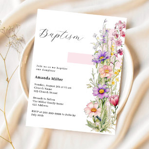 Florals pink cross girl Baptism invitation