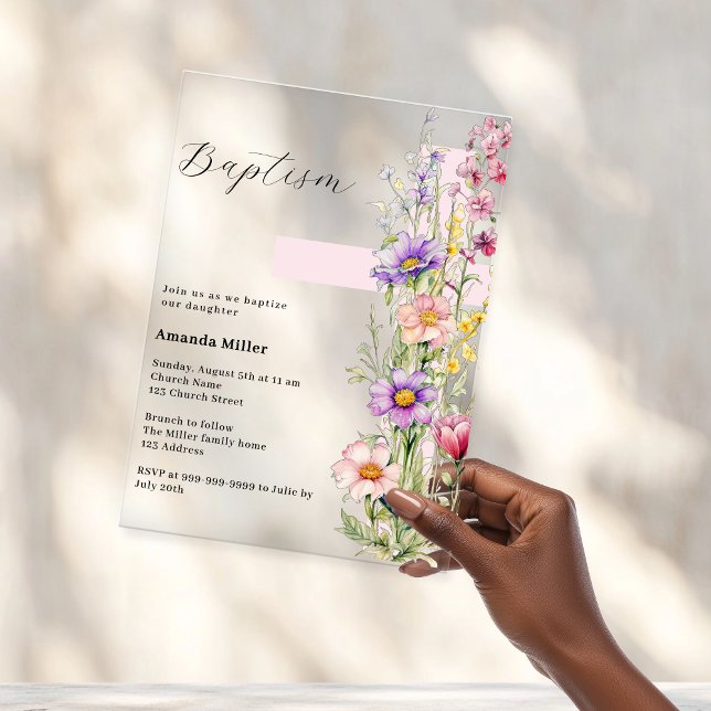 Florals pink cross girl clear Baptism Acrylic Invitations (Creator Uploaded)