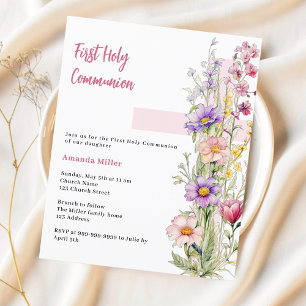 Florals pink cross girl First Communion invitation