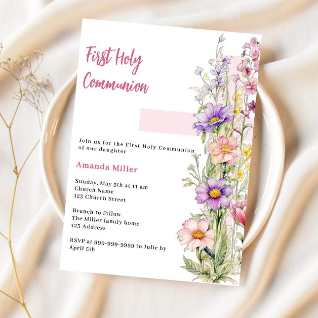 Florals pink cross girl First Communion Invitation (Creator Uploaded)