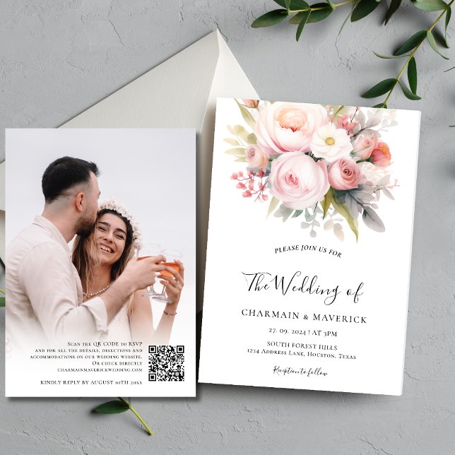 Florals Pink Photo Overlay QR Code Wedding Invitation (Creator Uploaded)
