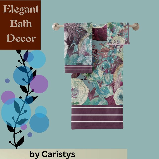 Florals Plum, Teal, Soft White with Plum Border Bath Towel Set (Creator Uploaded)