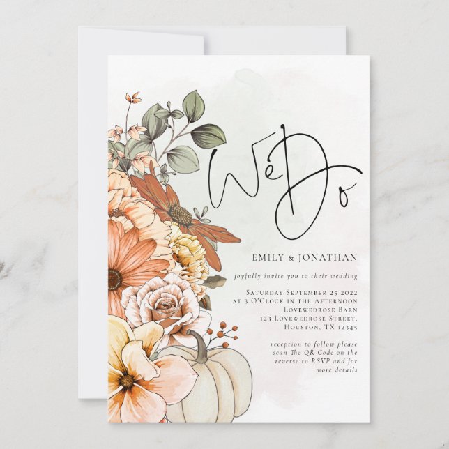 Florals Pumpkin Autumn We Do QR Code Wedding Invitation (Front)