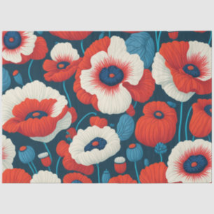 Florals Red, White, Blue Poppies Decoupage Tissue Paper
