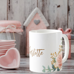 Florals rose gold greenery gold name coffee mug
