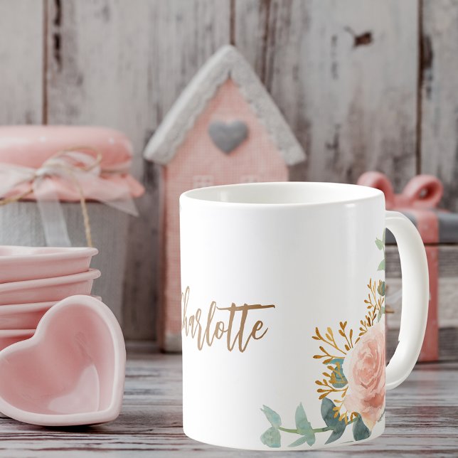 Florals rose gold greenery gold name coffee mug (Creator Uploaded)