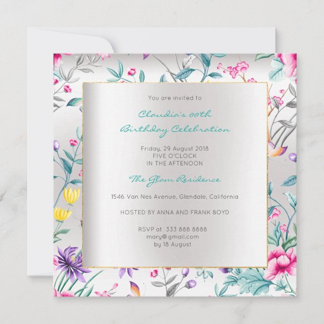 Florals Silver Butterfly Spring Chinoiserie Grey Invitation (Front)