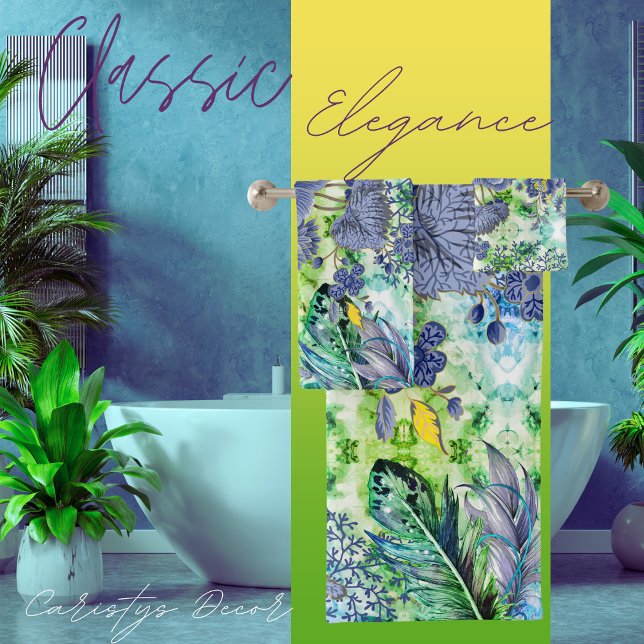 Florals Slate Blue, Green White, Feathers   Bath Towel Set (Creator Uploaded)