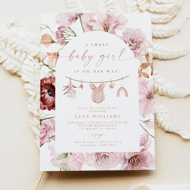 Florals Sweet Baby Girl Clothesline Baby Shower Invitation (Creator Uploaded)
