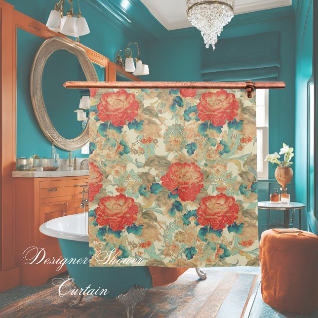 Florals Teal, Peach, Teal with Ornates  Shower Curtain (Creator Uploaded)