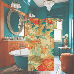 Florals Teal, Peach, Teal with Ornates Towel