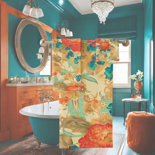 Florals Teal, Peach, Teal with Ornates Towel (Creator Uploaded)