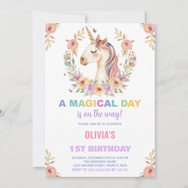 Florals Unicorn Birthday Invitations (Front)