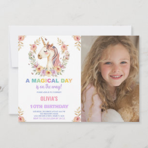Florals Unicorn Birthday Invitations with photo