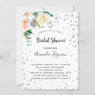 Florals white rose gold glamourous bridal shower invitation