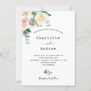 Florals white rose gold pink simple wedding invitation