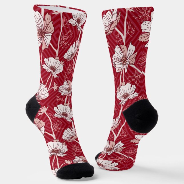 Florals White with Red Background Socks (Angled)