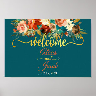 FloralWedding Welcome Sign - Teal & Orange Wedding