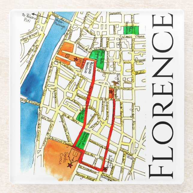Florence Italy Colourful Hand Drawn Street Map Glass Coaster (Front)