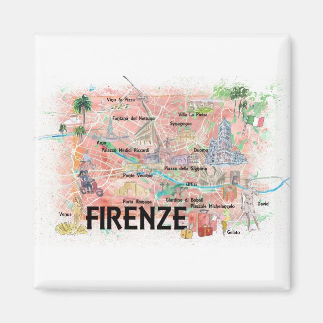 Florence Italy Illustrated Map with Landmarks Magnet (Front)
