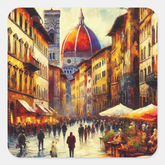 Florence, Italy Street with Duomo Painting Square Sticker (Front)