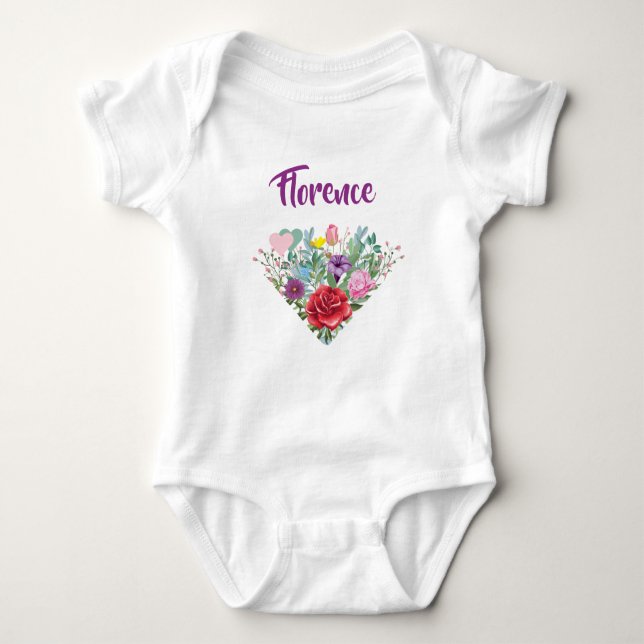 Florence Personalize Name Flowers Twins 2 Hearts Baby Bodysuit (Front)