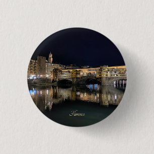 Florence riverside at night, travel 3 cm round badge