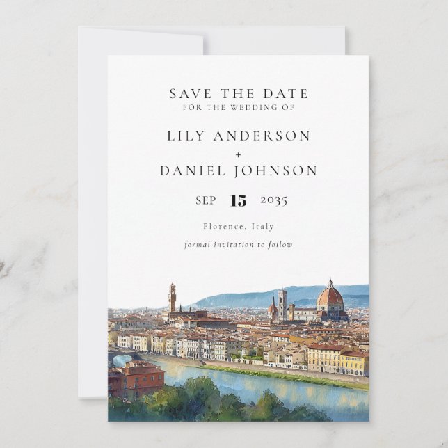 Florence Skyline Watercolor Elegant Wedding Save The Date (Front)