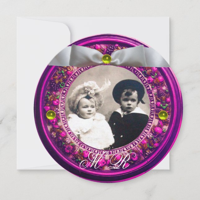 FLORENTINE FLORAL CROWN WHITE RIBBON MONOGRAM INVITATION (Front)