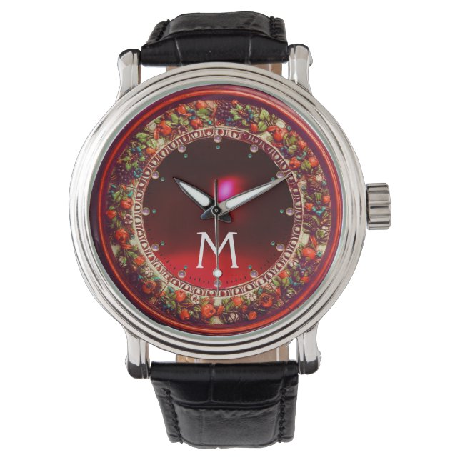 FLORENTINE RED GREEN FLORAL CROWN RUBY MONOGRAM WATCH (Front)