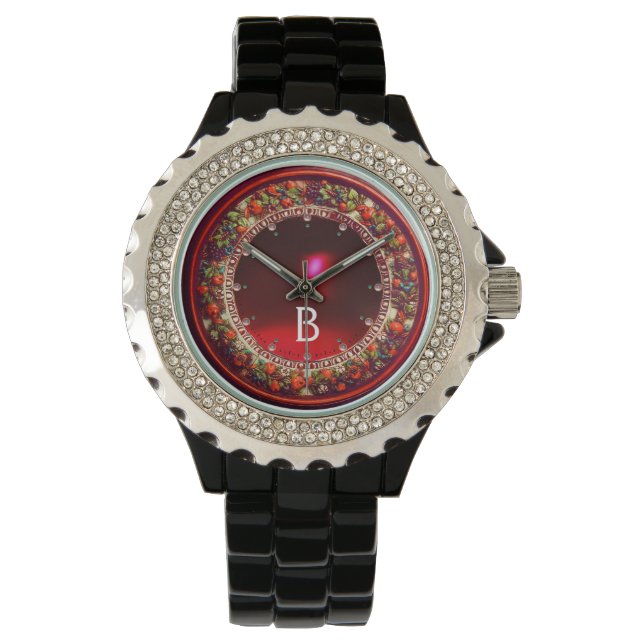 FLORENTINE RED GREEN FLORAL CROWN RUBY MONOGRAM WATCH (Front)