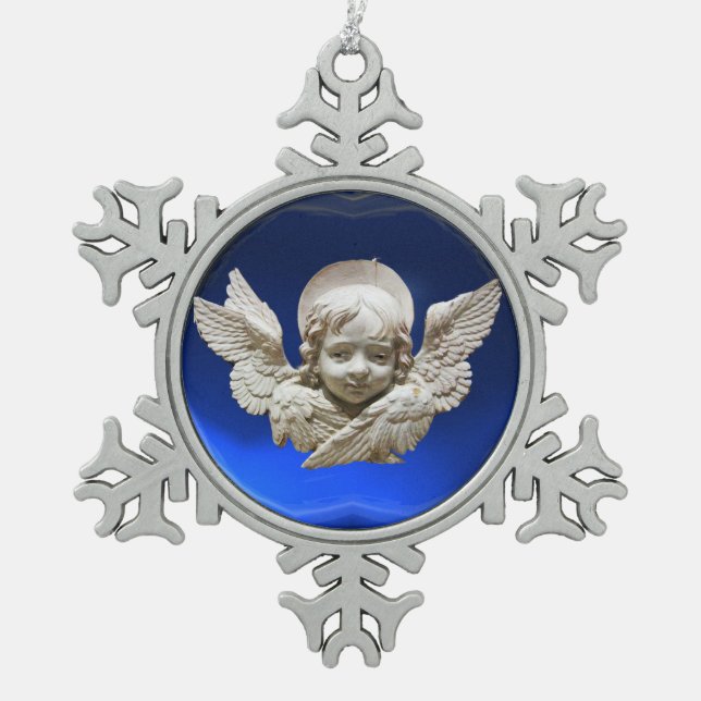 FLORENTINE RENAISSANCE ANGEL, Blue Sapphire Snowflake Pewter Christmas Ornament (Front)