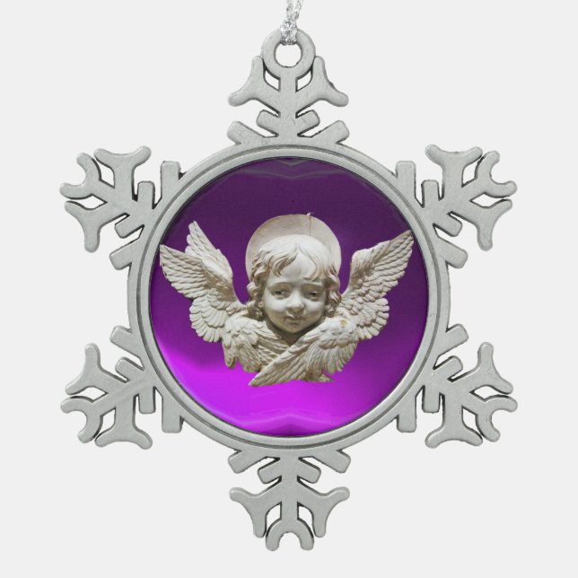 FLORENTINE RENAISSANCE ANGEL, Purple Amethyst Snowflake Pewter Christmas Ornament (Front)