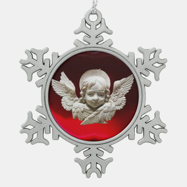 FLORENTINE RENAISSANCE ANGEL, Red Ruby Snowflake Pewter Christmas Ornament (Front)